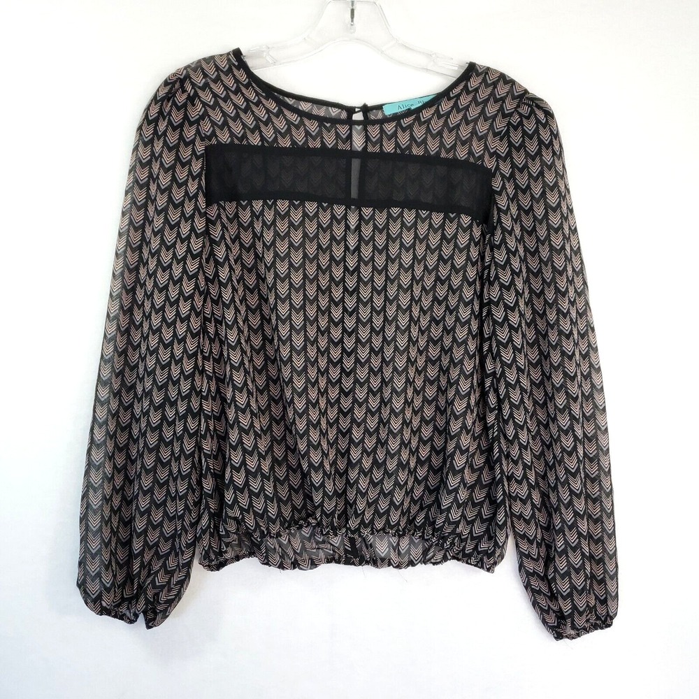 Alice‎ Blue Sheer Blouse Womens M Black Long Sleeve Arrow Print Mesh Panel Top